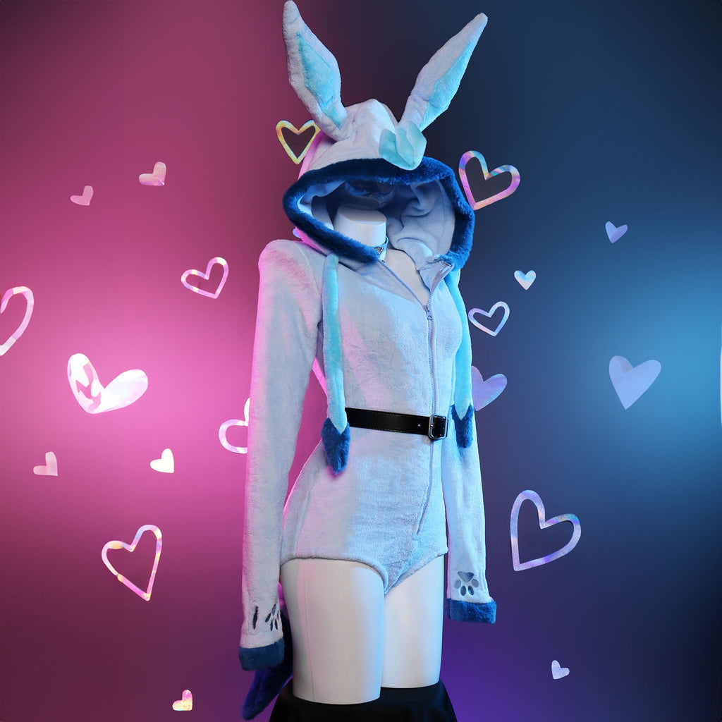 Women sexy Fluffy Hooded Bodysuit Halloween Deep V Kawaii One Piece Lingerie Rompers with Choker and Socks