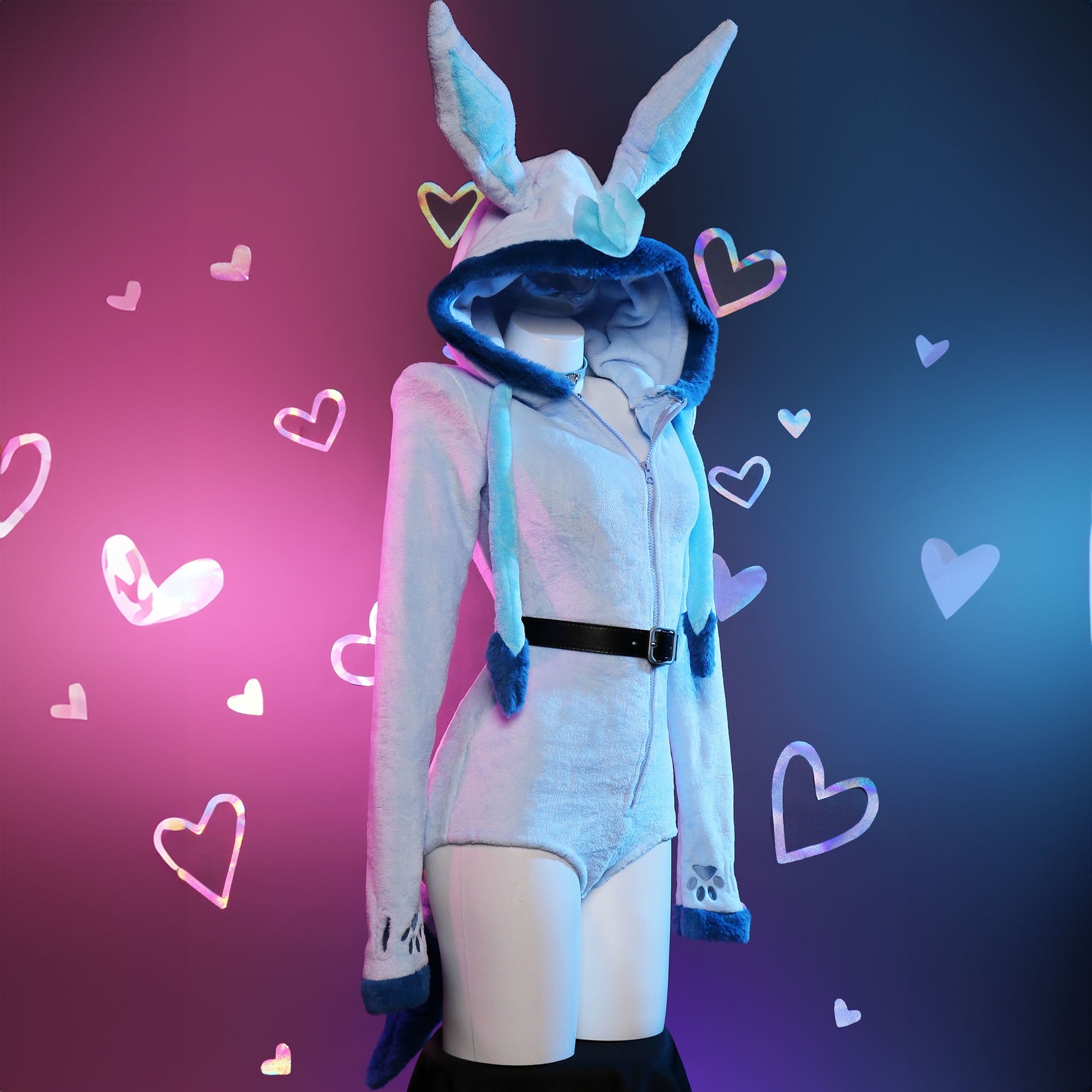 Women sexy Fluffy Hooded Bodysuit Halloween Deep V Kawaii One Piece Lingerie Rompers with Choker and Socks