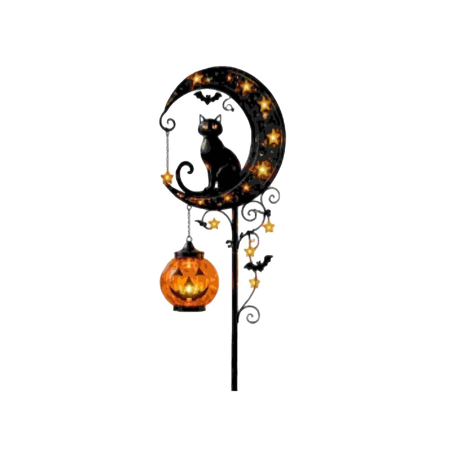 Halloween Crescent Moon Pumpkin Solar Stake Light, Star Hollow Cutout Ground Lamp, Anti Rust Halloween Decorations Party for Yard Walkway black