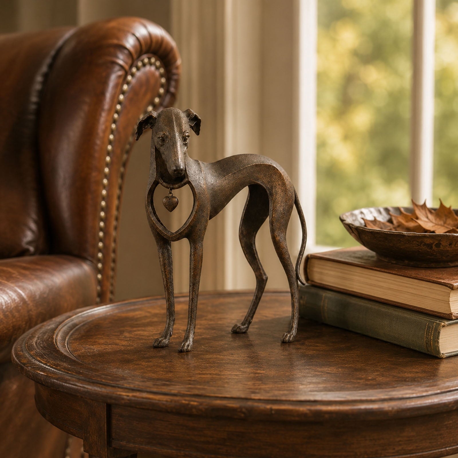 Whippet Dog Figurine, Rustic Bronze Heart Collar Resin Sighthound Decor for Shelf, Home Decor