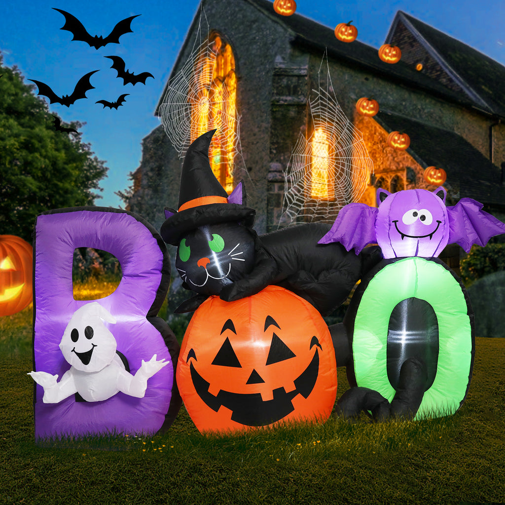 MUMTOP 6 FT Long Halloween Inflatables Outdoor Decorations, Pumpkin Inflatable with Lighted Ghost, Black Cat and Bat, Blow Up Decoration for Halloween Party, Yard, Garden, Lawn