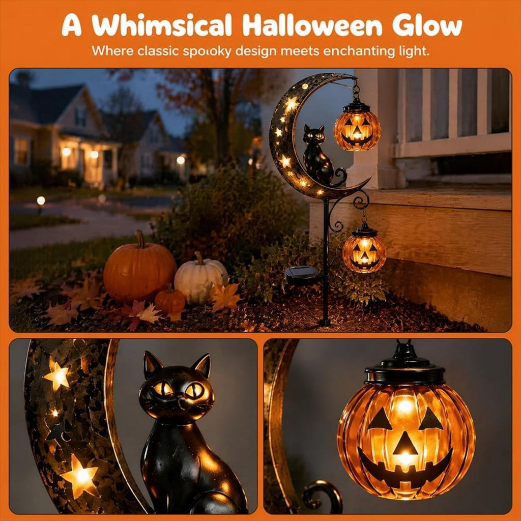 Clearance 35" Halloween Solar Pumpkin Moon Garden Stake Light with Black Cat Outdoor Waterproof LED Yard Decoration Hanging Jack-o'-Lantern for Garden, Patio, Walkway, Porch (C)