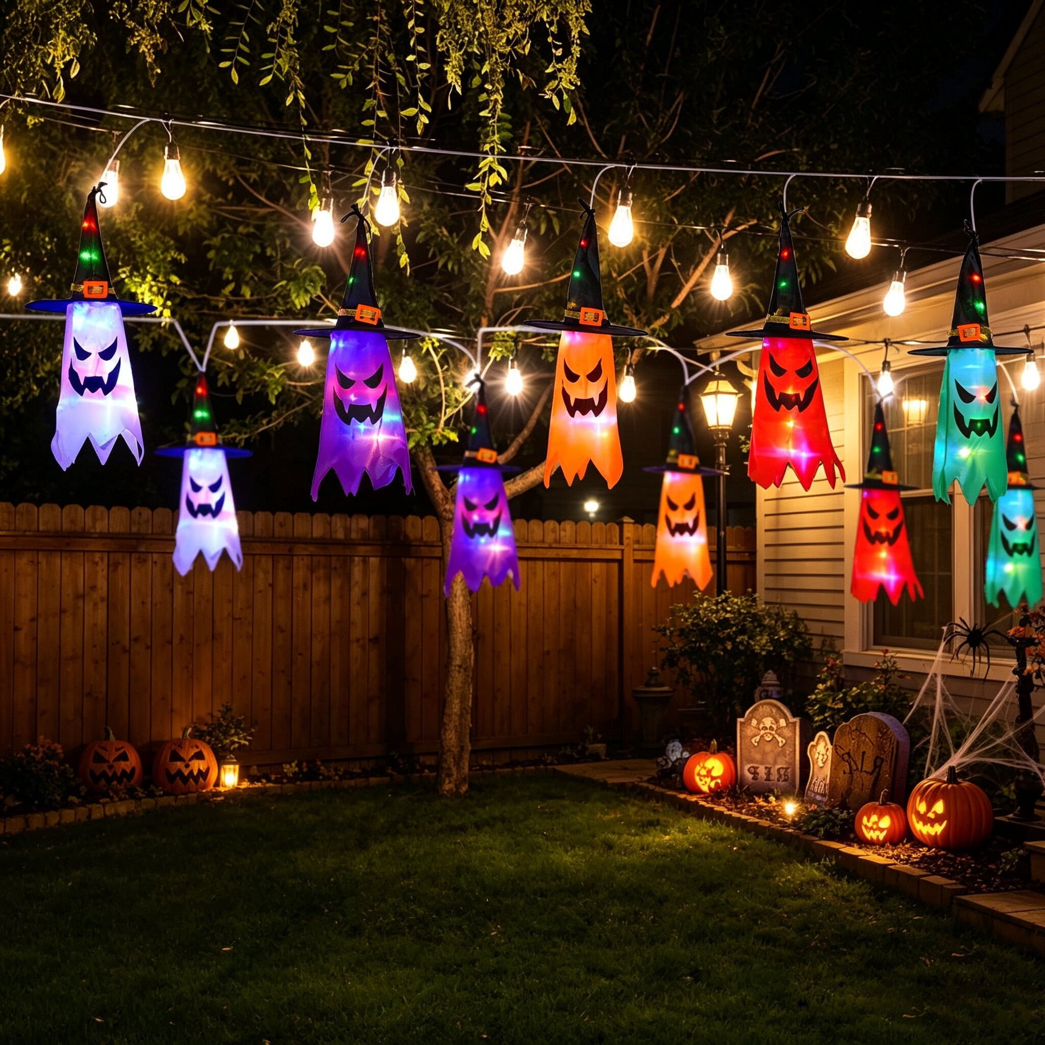5Pcs Halloween Hanging Witch Hat String Lights, Waterproof LED Halloween Decorations, Battery Operated Colorful Glowing Witch Hat Lights for Yard Tree Porch Garden, Halloween Outdoor Decor