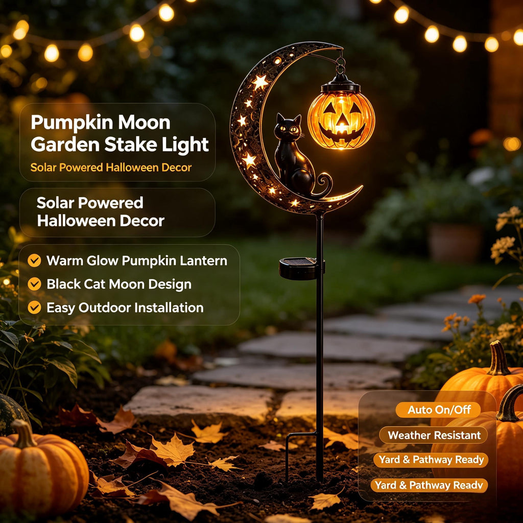 Clearance 35" Halloween Solar Pumpkin Moon Garden Stake Light with Black Cat Outdoor Waterproof LED Yard Decoration Hanging Jack-o'-Lantern for Garden, Patio, Walkway, Porch (C)