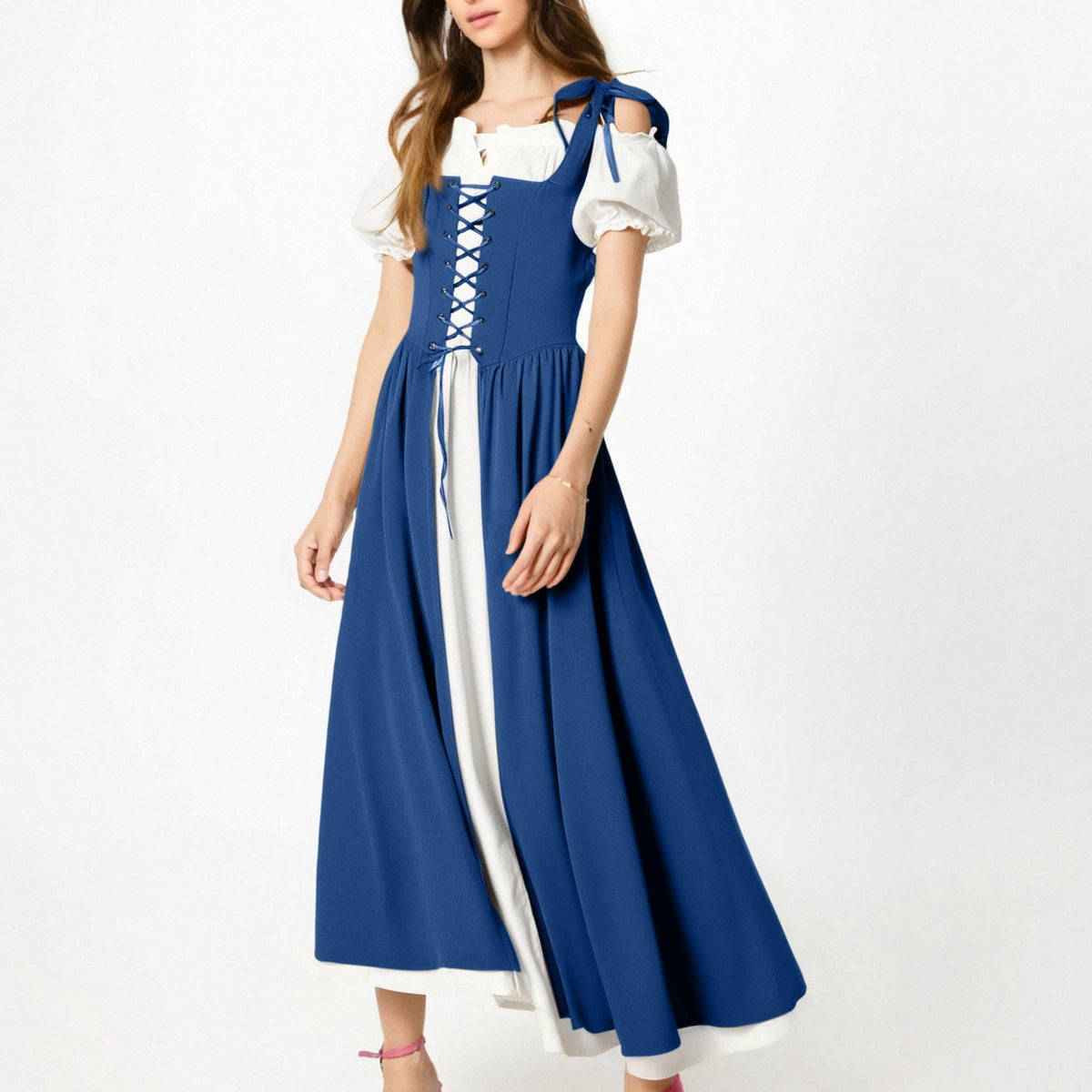 QATAINLAV Renaissance Costume Women Vintage Medieval Dress Cold Shoulder Short Sleeve Peasant Pirate Irish Maxi Dresses, Black, L