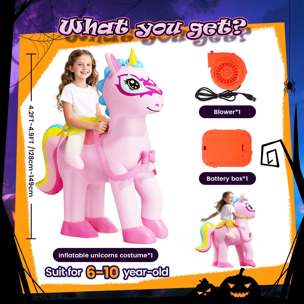 Wonderstone Kids Inflatable Costume, Riding-on Unicorns Blow-up Costume with LED Lights, Funny Halloween and Thanksgiving Party Costume for Girls Aged 6–10