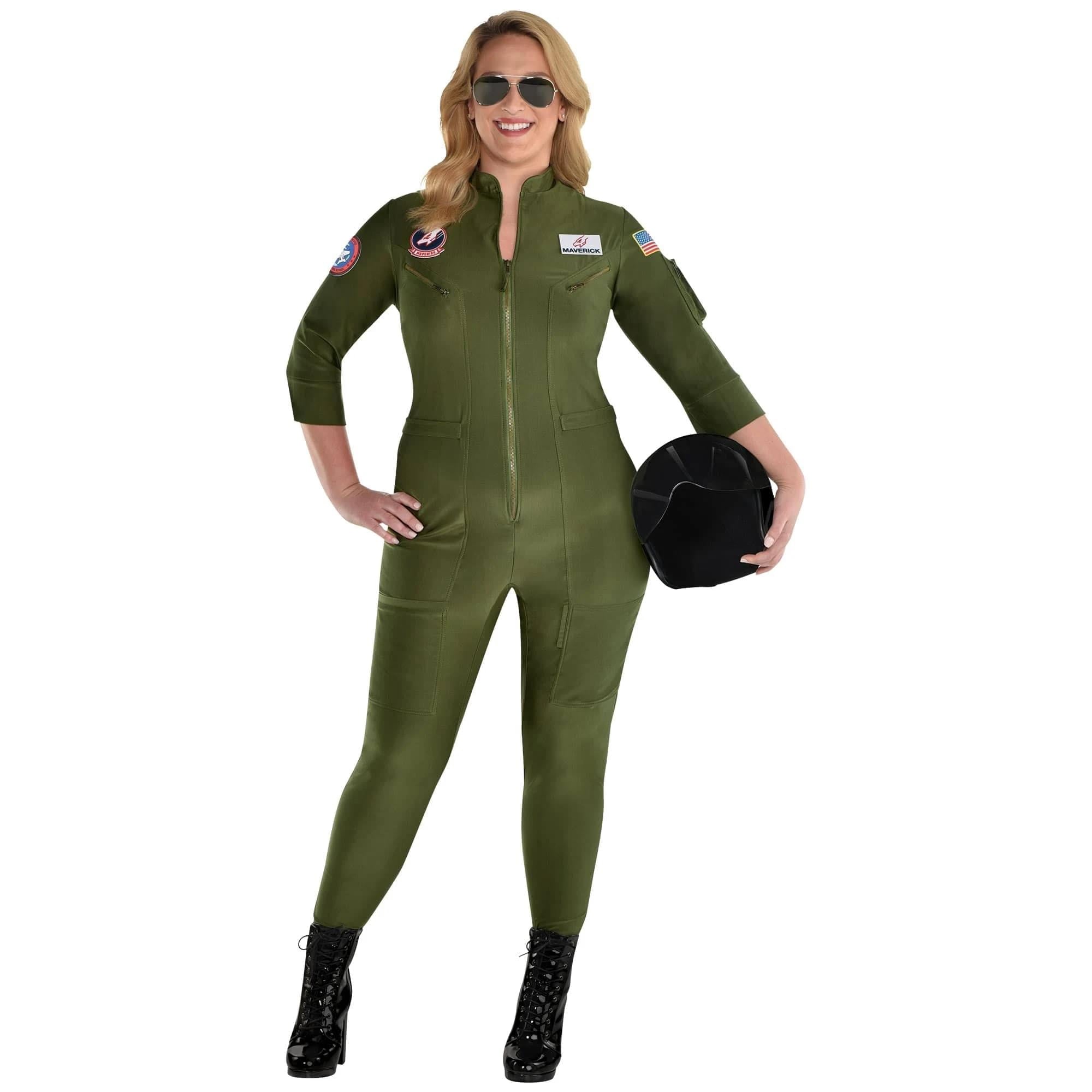 Party City Top Gun: Maverick Flight Costume for Women, Halloween, Olive Green, Medium (6-8), Catsuit with Zipper
