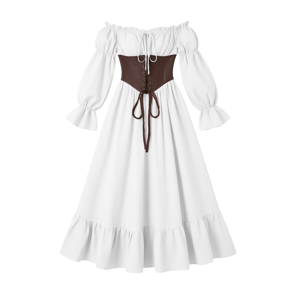 QATAINLAV Renaissance Costume Women Vintage Medieval Dress Cold Shoulder Short Sleeve Peasant Pirate Irish Maxi Dresses, Black, L
