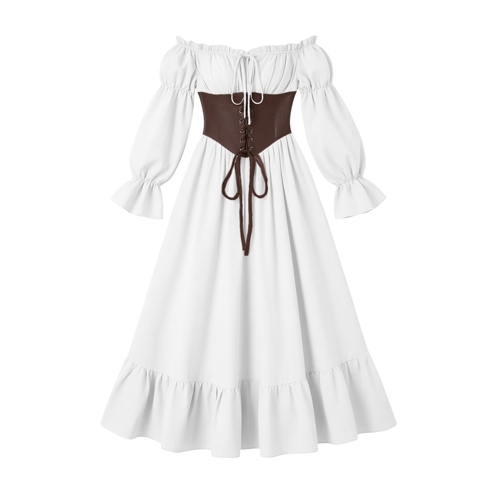 QATAINLAV Renaissance Costume Women Vintage Medieval Dress Cold Shoulder Short Sleeve Peasant Pirate Irish Maxi Dresses, Black, L