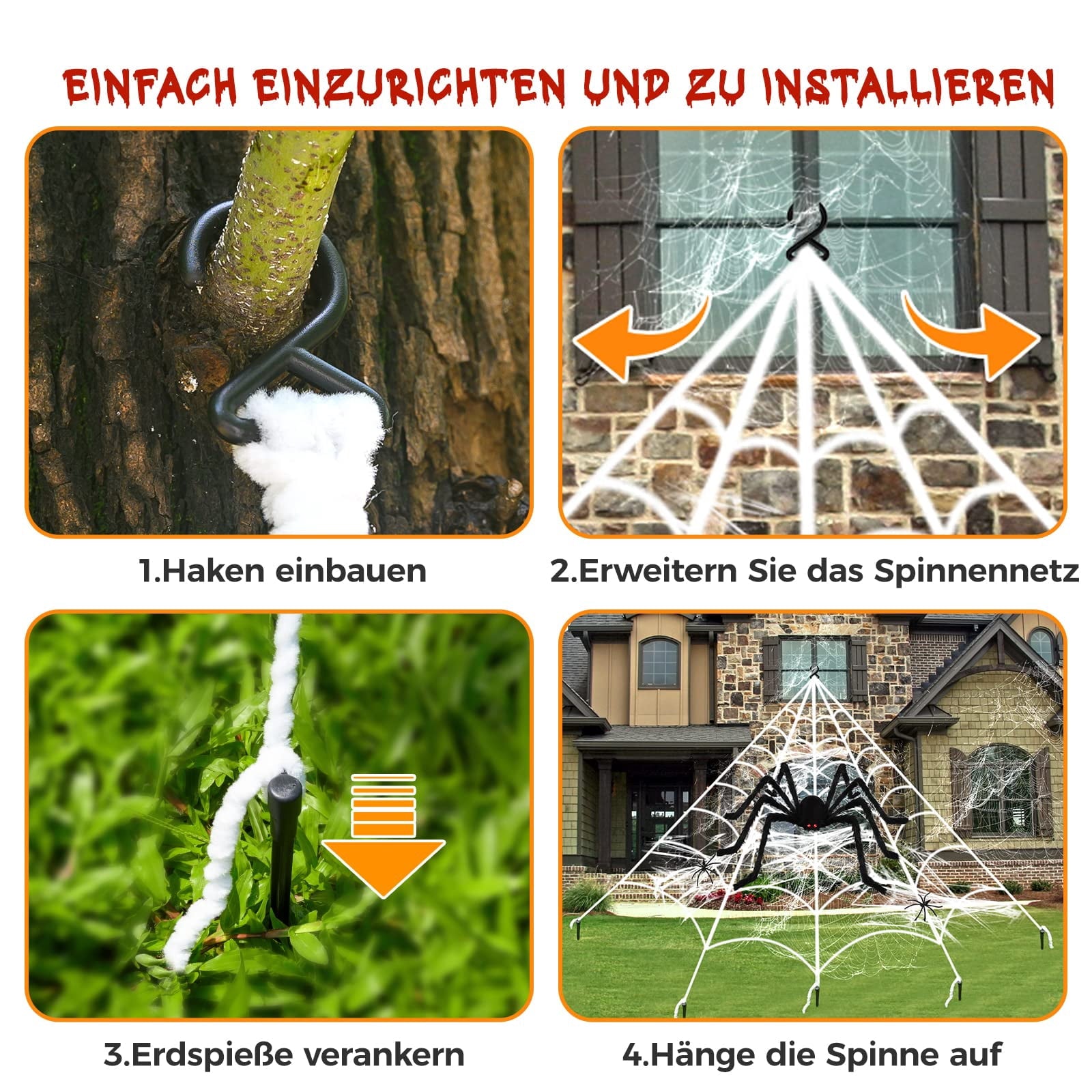 Halloween Decorations Outdoor Spider Webs: 1Pcs Giant Spiders - 200'' Triangular Web with Hook - Stretch Web and Ground Stakes for Large Halloween Decor and Haunted House Decoration