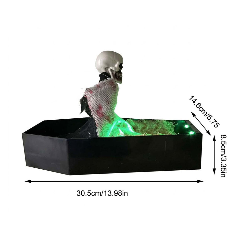 Halloween Animated Coffin Decoration, Rising Skeleton Skull Prop with LED Lights Motion Effect, Creepy Graveyard Horror Decor for Indoor Outdoor Party Tabletop Hau*nted Hous Display