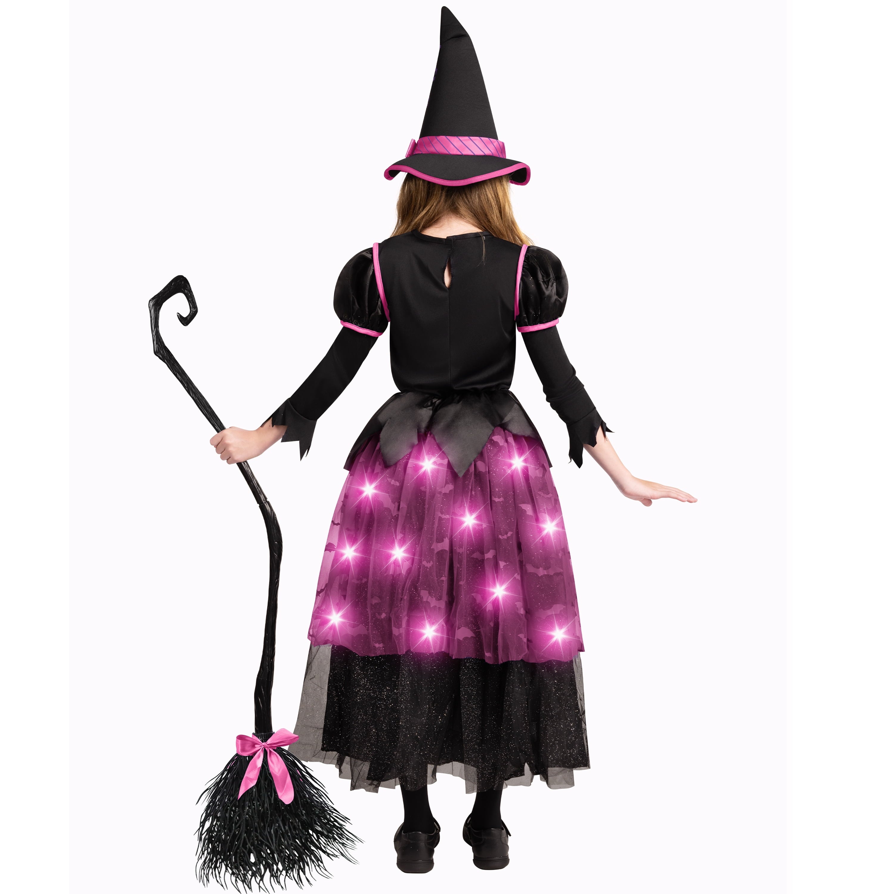 Joyfy Light up Witch Costume for Girls,Starry Witch Dress with Broom Hat for Kids and Toddlers, Perfect for Halloween Party Dress-up Cosplay Age 5-7