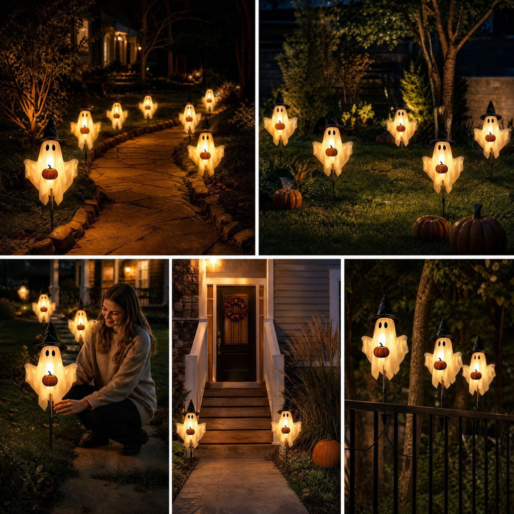 1-Pack Halloween Solar Lights with 8 Lighting Modes - Light Up Ghost Decorations for Outdoor, Witch Hat With Dimensional Pumpkin Halloween Ghost Path Lights
