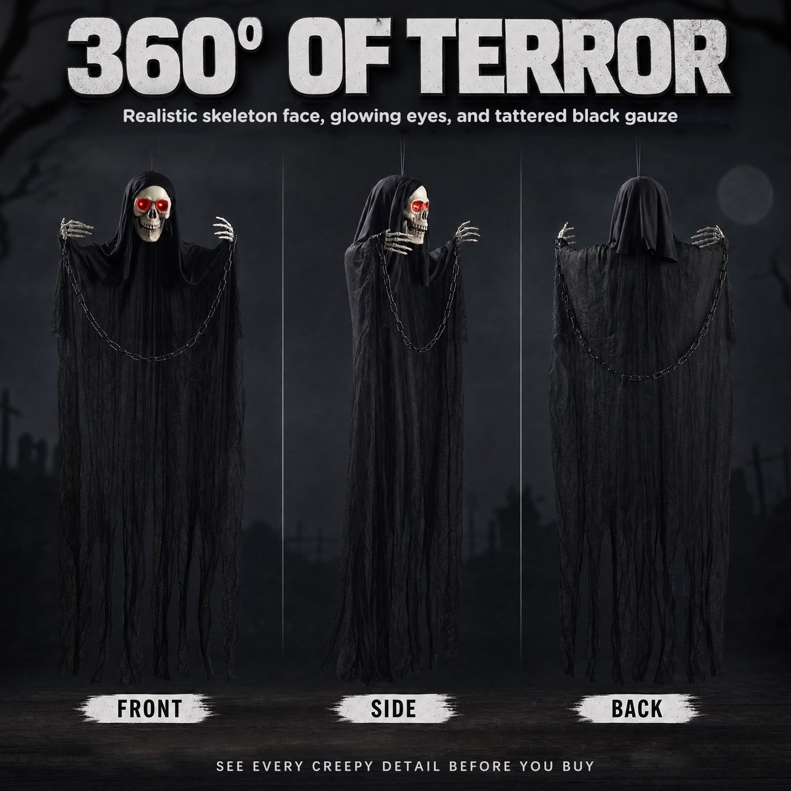 Ayieyill Halloween Grim Reaper 6ft Hanging Ghost Skeleton Decorations, Spooky Halloween Decor for Yard Haunted House Party Outdoor