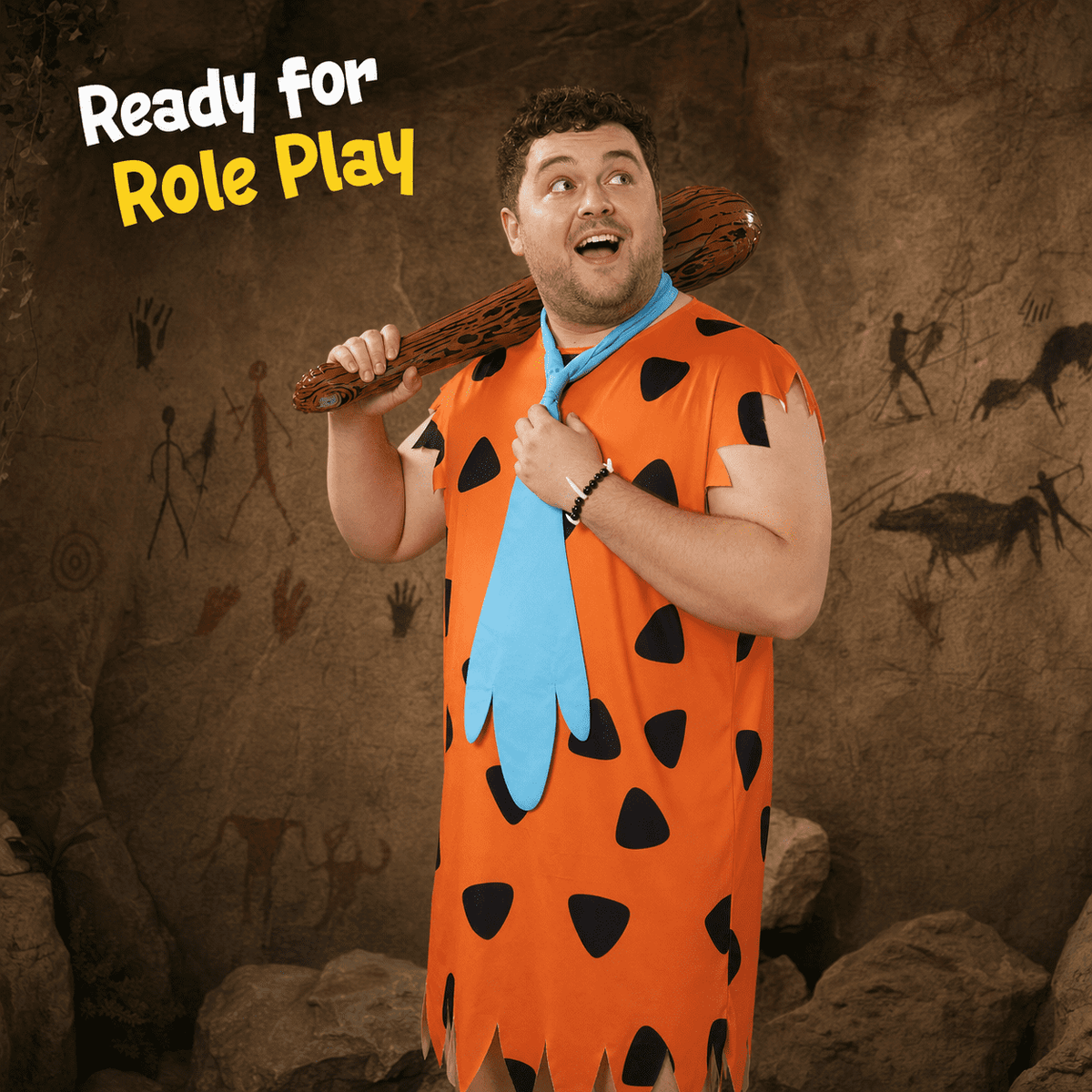 VZQI Adult Caveman Costume Set for Men, Stone Age Tunic with Club and Necklace for Halloween Cosplay Party