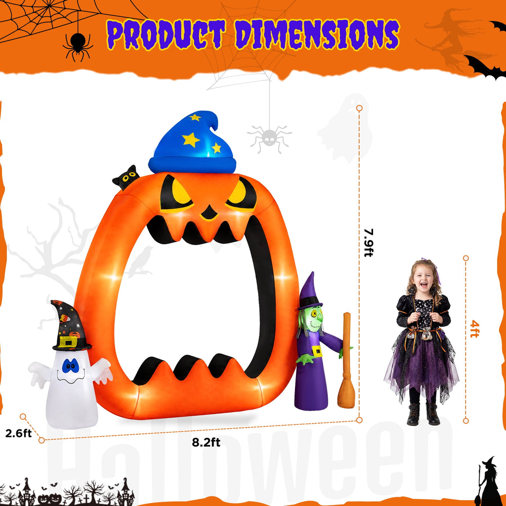 Firstness 8.2ft Halloween Inflatable Pumpkins Photo Door with Ghost Witch Yard Party Outdoor Decorations with LED Lights