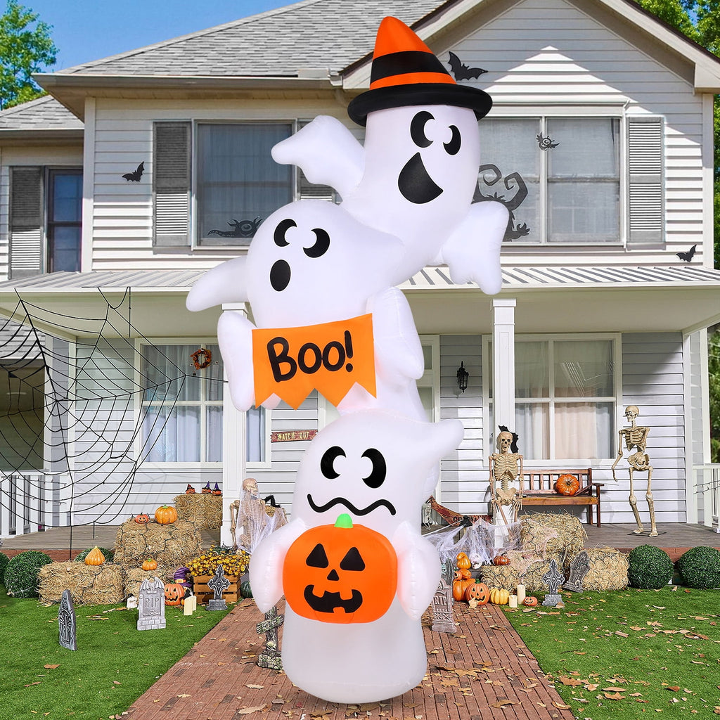 Joyfy 5ft Halloween Inflatables Light up Cute Ghost,Blow Up Ghost Lift Pumpkin Candy Bag with Build-in LEDs for Yard Decorations