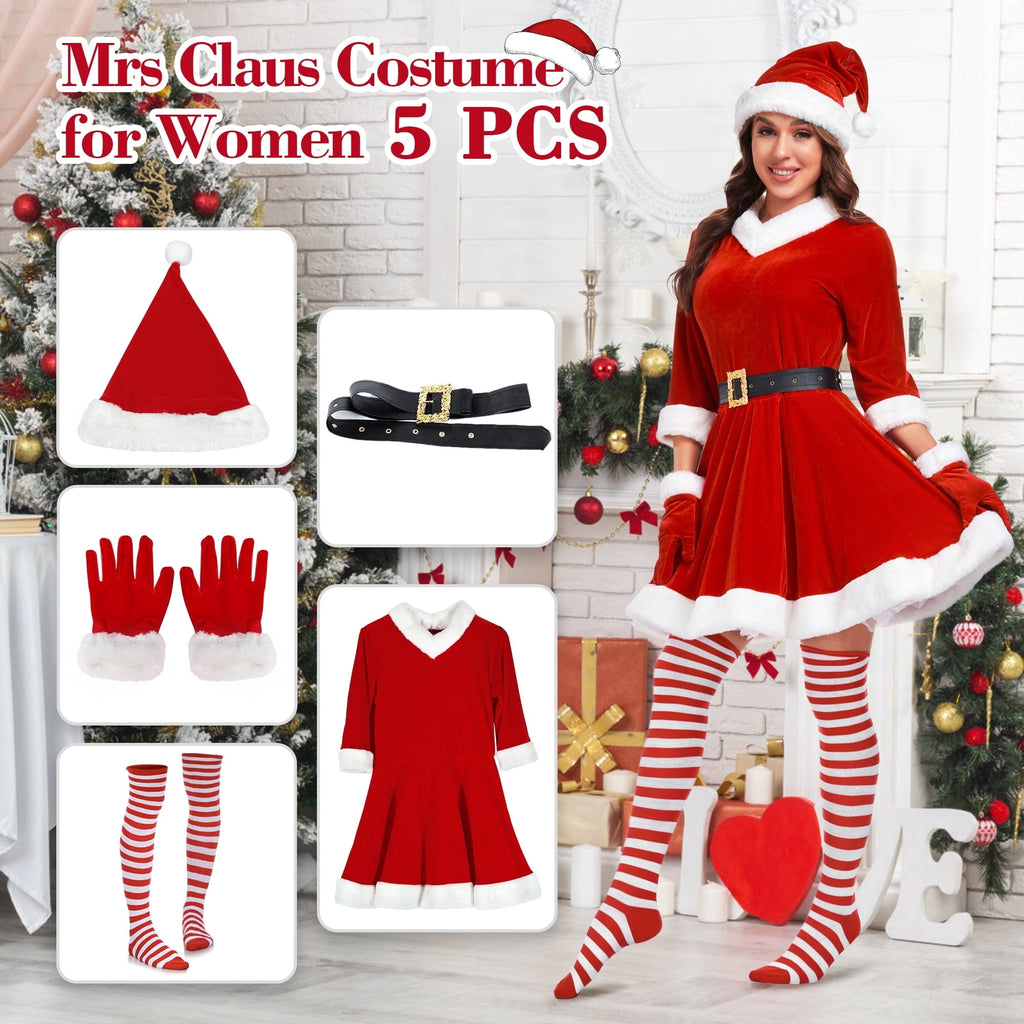 Women Christmas santa Set 5 Piece Sexy Santa Red Dress with Hat Belt Gloves and Socks