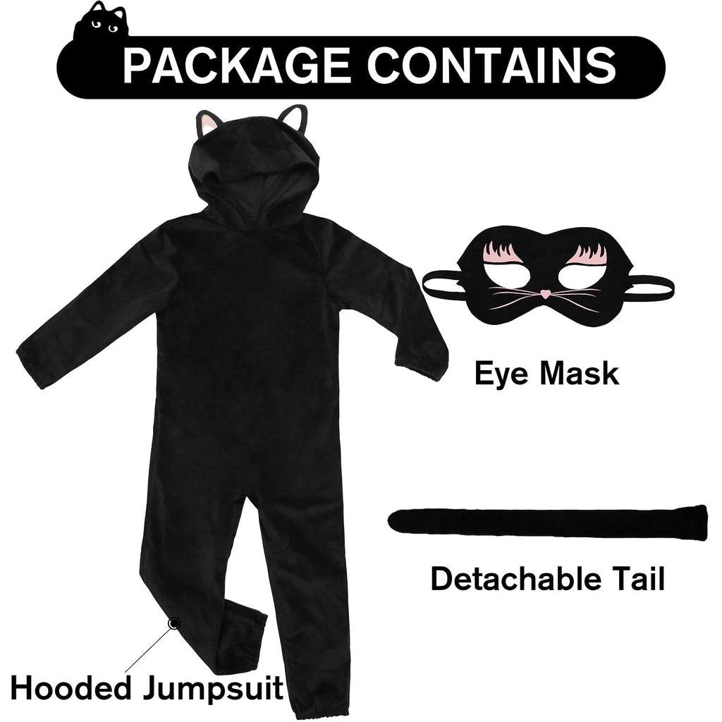 Kids Black Cat Costume with Hero Mask, Kitties Jumpsuit Fancy Dress Outfit Boys Girls for Halloween