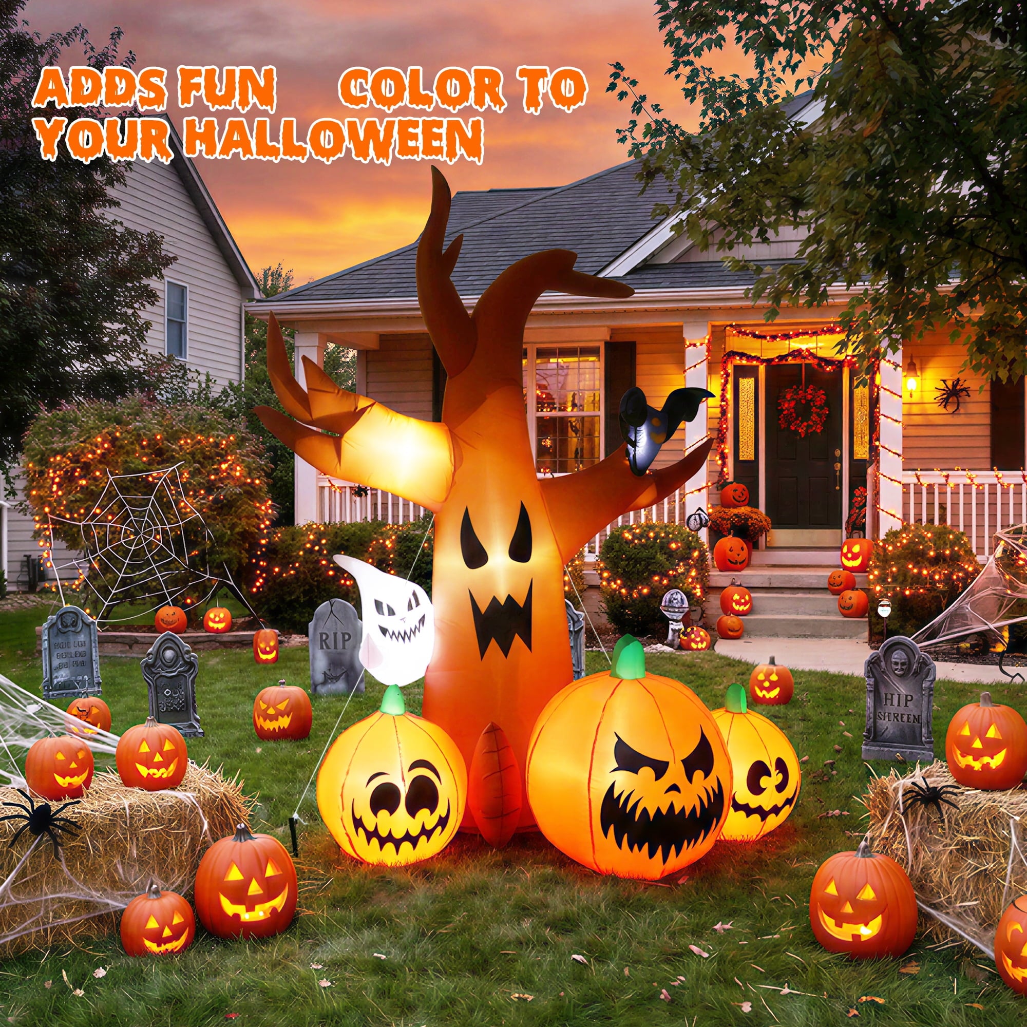 MAGOTAN 9 FT Halloween Inflatables Archway Outdoor Decorations Pumpkin Ghost Archway Halloween Inflatable Blow Up Pumpkin Tombstone Decoration Build-in LED Lights