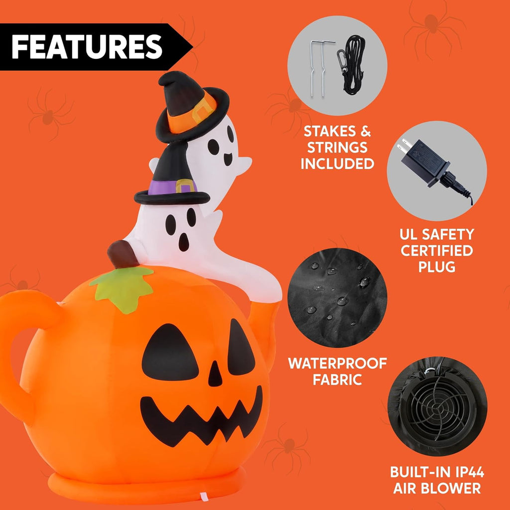 Joyfy 5ft Halloween Inflatables Light up Cute Ghost,Blow Up Ghost Lift Pumpkin Candy Bag with Build-in LEDs for Yard Decorations
