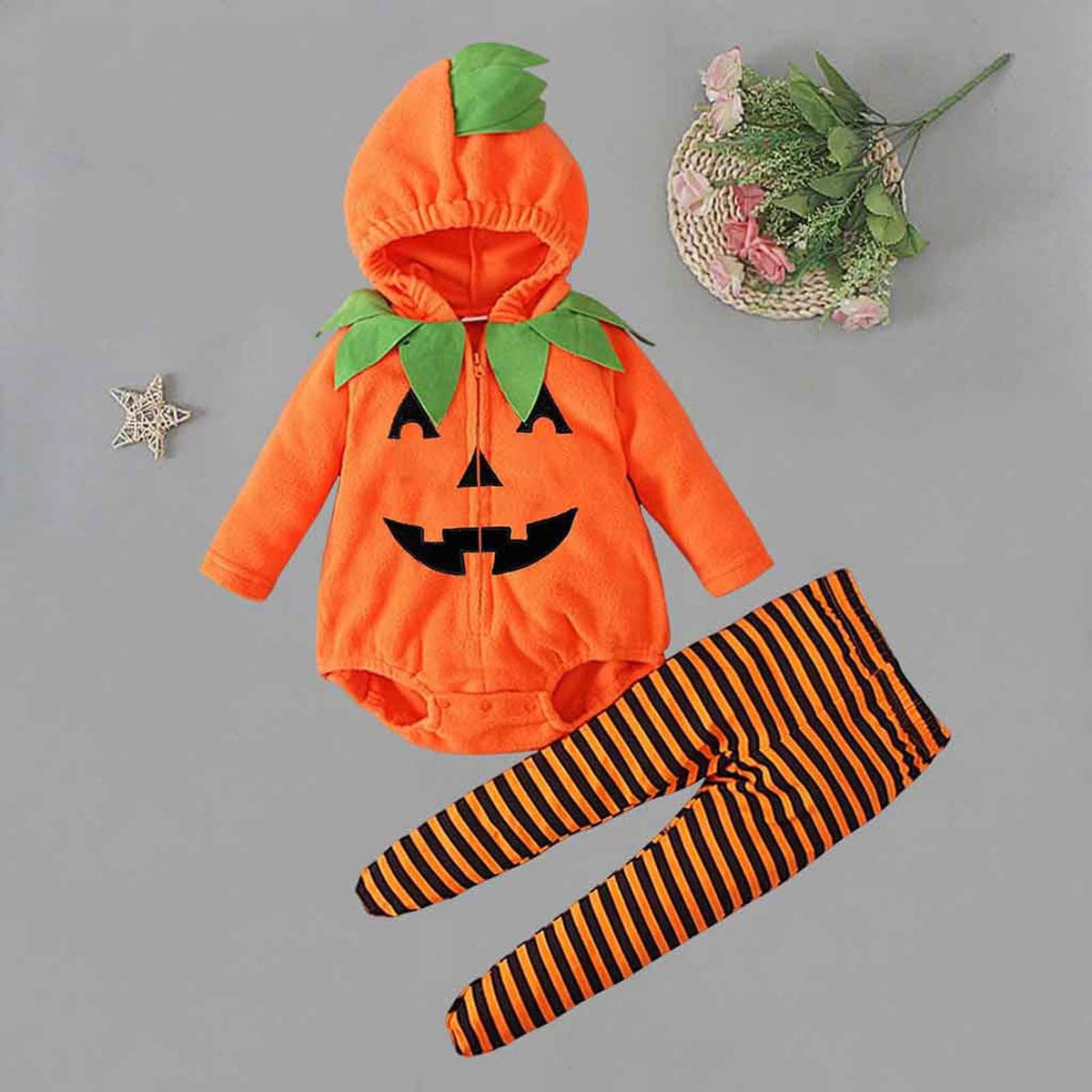 Newborn Infant Cute Jack-O-Lantern Costume Halloween Bodysuit and Striped Leggings Set Fall Holiday Fancy Dress Up Outfit for Boys Girls Party Festival