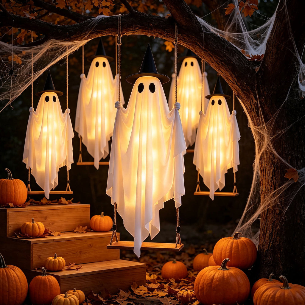 Cloth Hanging Swing Ghost Halloween Outdoor Decor,Remote Controlled LED Lighted Floating Ghost Ornament With 8 Lighting Modes For Porch Tree Yard Seasonal Holiday Display,Total Length 120.4 in.A