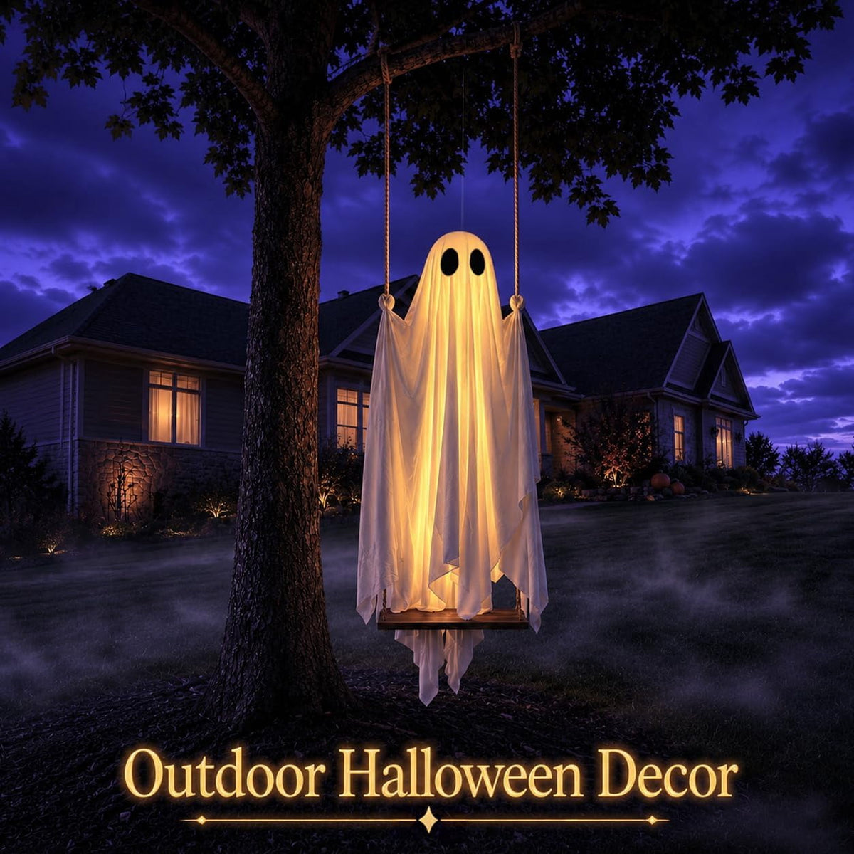 Halloween Decorations Outdoor - 5 FT Large Hanging Swing Ghost Halloween Decor with String Lights, Spooky Cute Ghosts Decorations for Front Porch Yard Tree