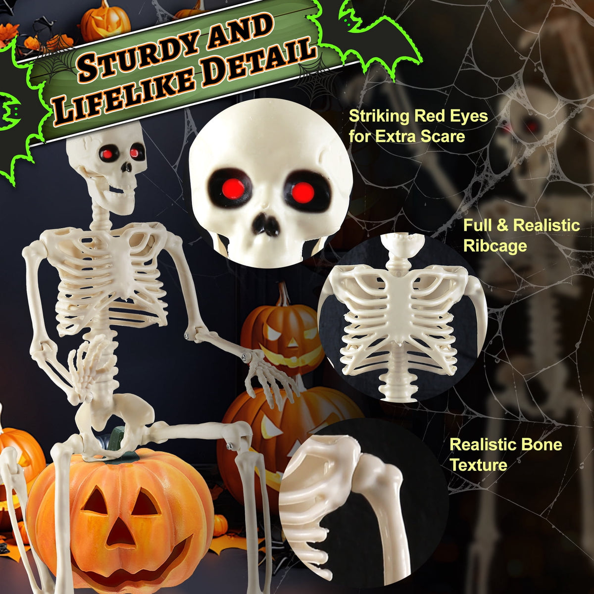 Yalumo Skeleton Halloween Decorations, 4 Pack 16” Full Body Posable Skeleton with Movable Joints, Small Plastic Skeleton Props for Haunted Houses, Graveyards, Yards, Spooky Party Indoor Outdoor Decor