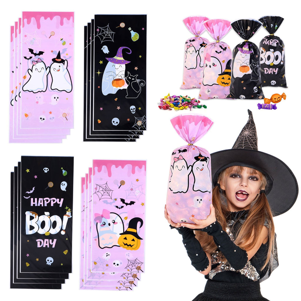 Halloween Treat Bags, Resealable Cellophane Bags, 50 Pcs Wrap Cellophane Treat Bags Party Favor Bags Candy Cookie Bags, Plastic Poly Goodie Storage Bags with Twist Ties for Halloween Party, 4.92x10.8"