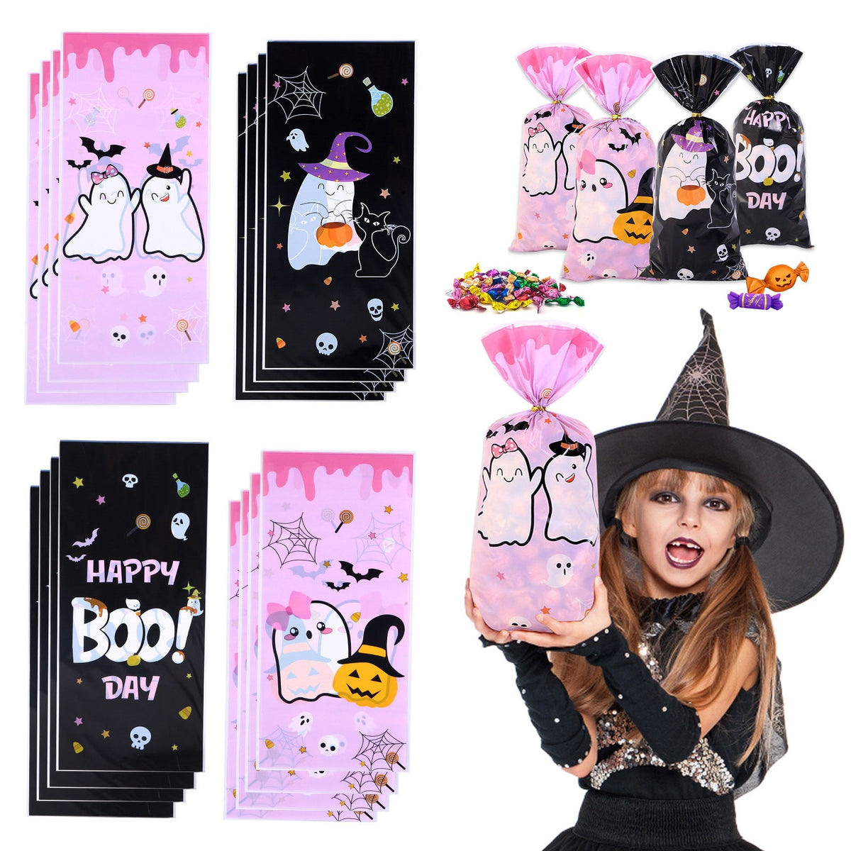 Halloween Treat Bags, Resealable Cellophane Bags, 50 Pcs Wrap Cellophane Treat Bags Party Favor Bags Candy Cookie Bags, Plastic Poly Goodie Storage Bags with Twist Ties for Halloween Party, 4.92x10.8"