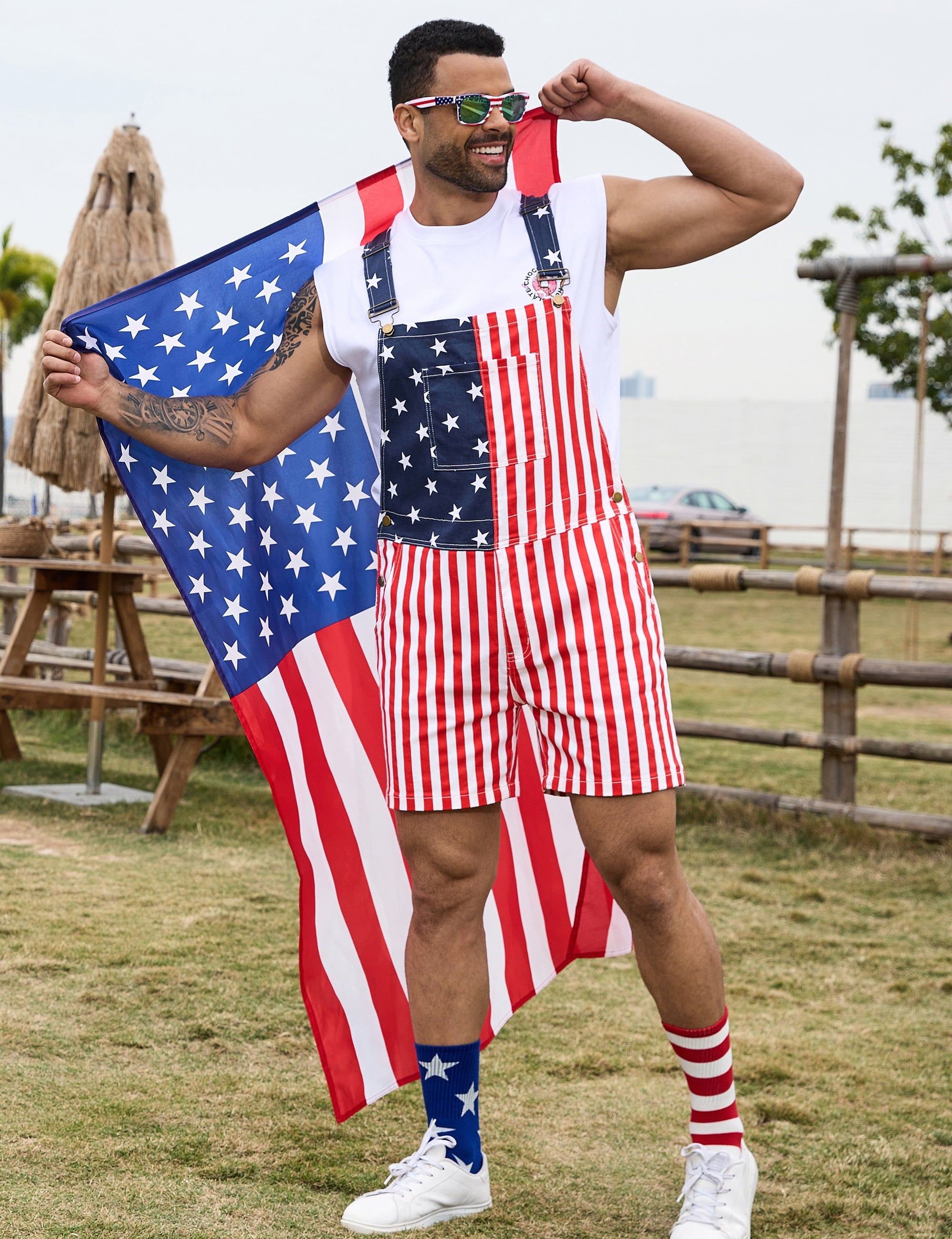 250th Anniversary American Flag Overalls Men,4th of July Cape,USA Sunglasses,Patriotic Socks,4 Pcs for Independence Labor Day(Red White and Blue,L)