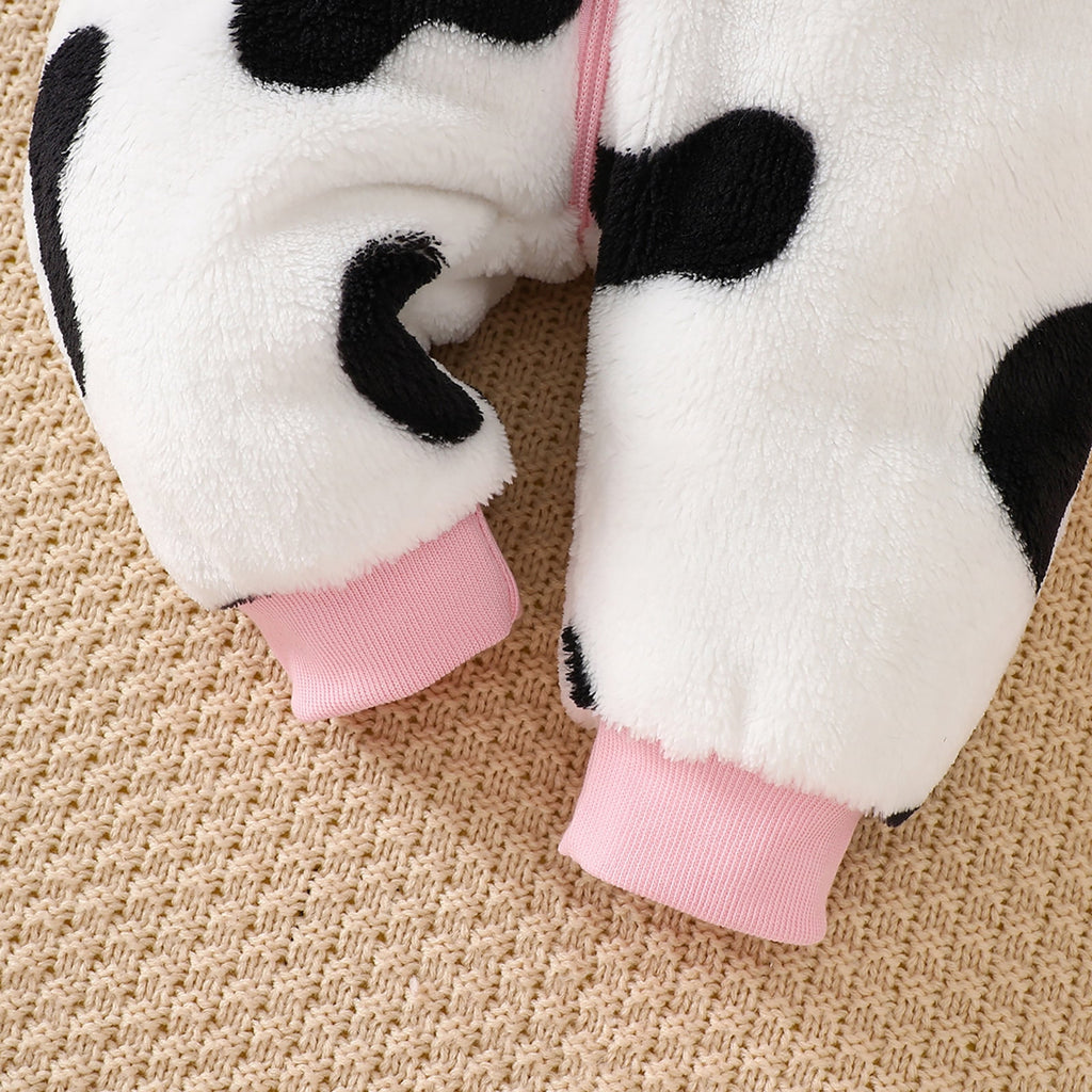 RUINIXCW Baby Cow Costume Infant Halloween Animal Costume Baby Boy Girl Warm Fall Winter Outfit Fleece Jumpsuit Snowsuit Baby Photoshoot Outfits Long Sleeve Zip Up Hooded Romper