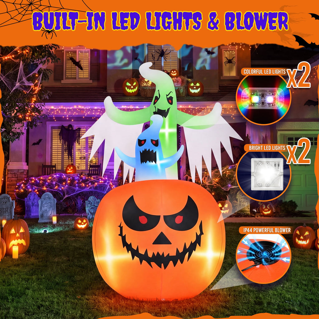 Firstness 6ft Tall Halloween Inflatable,Ghosts Pumpkin with Colorful Flashing Lights,Blow ups Halloween Outdoor Decorations