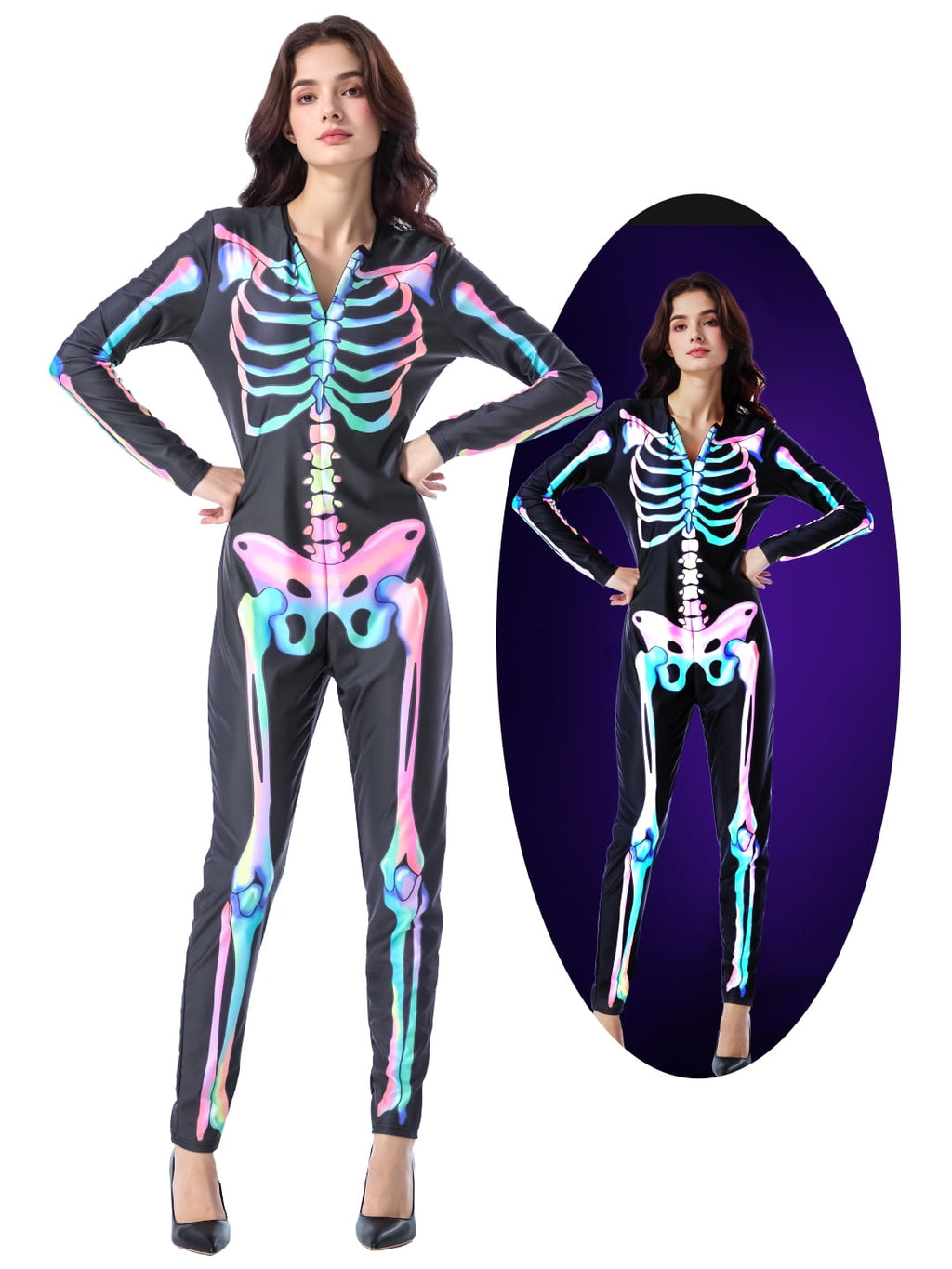 Seasons Women's Halloween Skeleton Costume, Double-Sided Colourful Pattern, Black Light Reactive