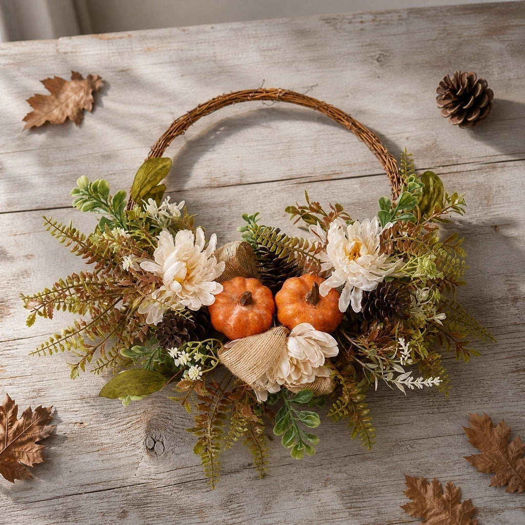 HHJZPR Halloween Fall Pumpkin & Peony Wreath, 15.7" Rustic Harvest Wreath with Pinecones for Front Door