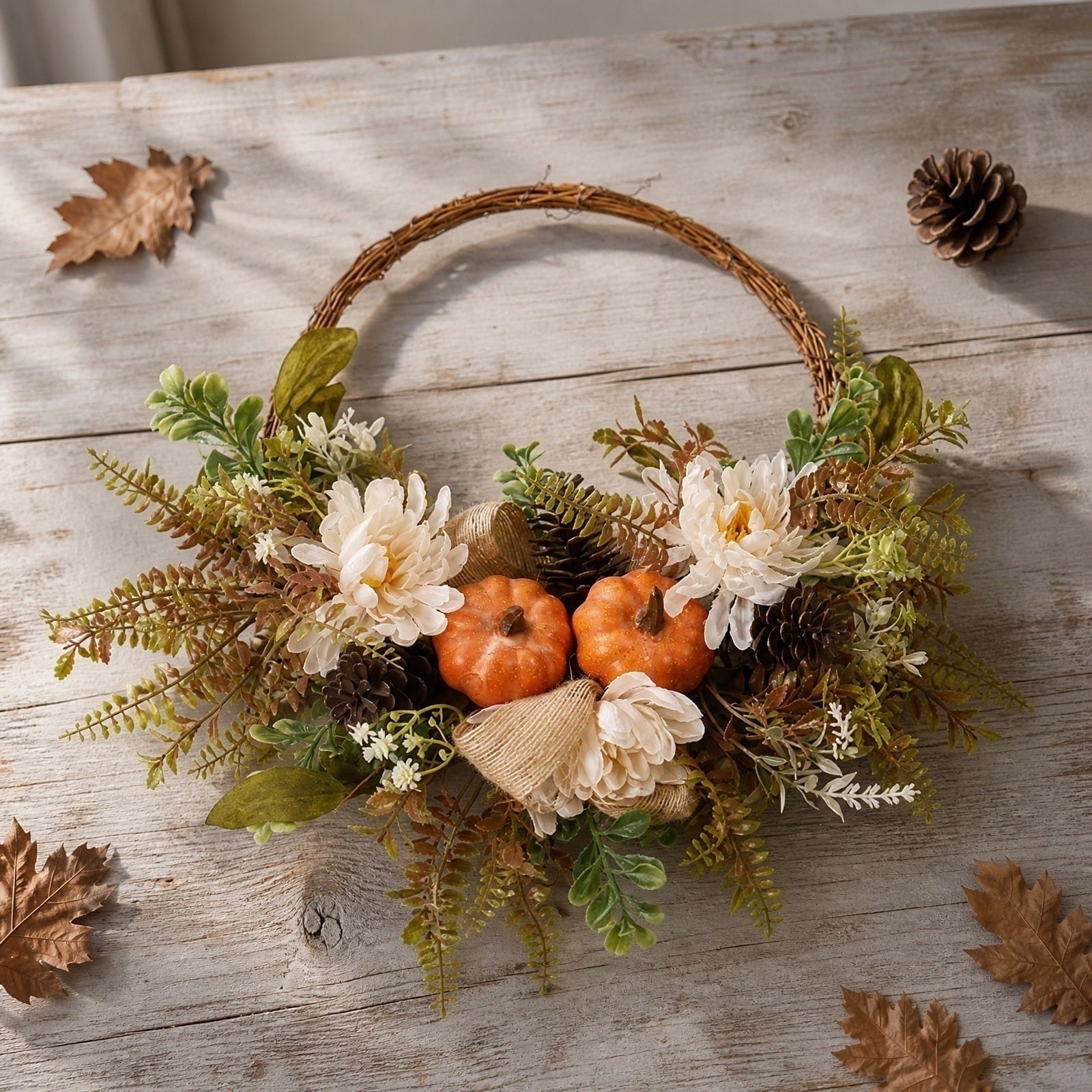 HHJZPR Halloween Fall Pumpkin & Peony Wreath, 15.7" Rustic Harvest Wreath with Pinecones for Front Door