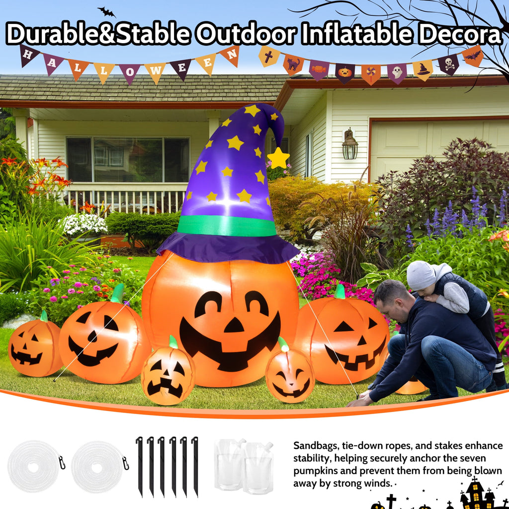 Yexmas 8.7ft Halloween Inflatables Pumpkins 7 Blow Up Decor with Witches Hat, Built-in LED Lights for Halloween Party, Yard, Garden, Lawn