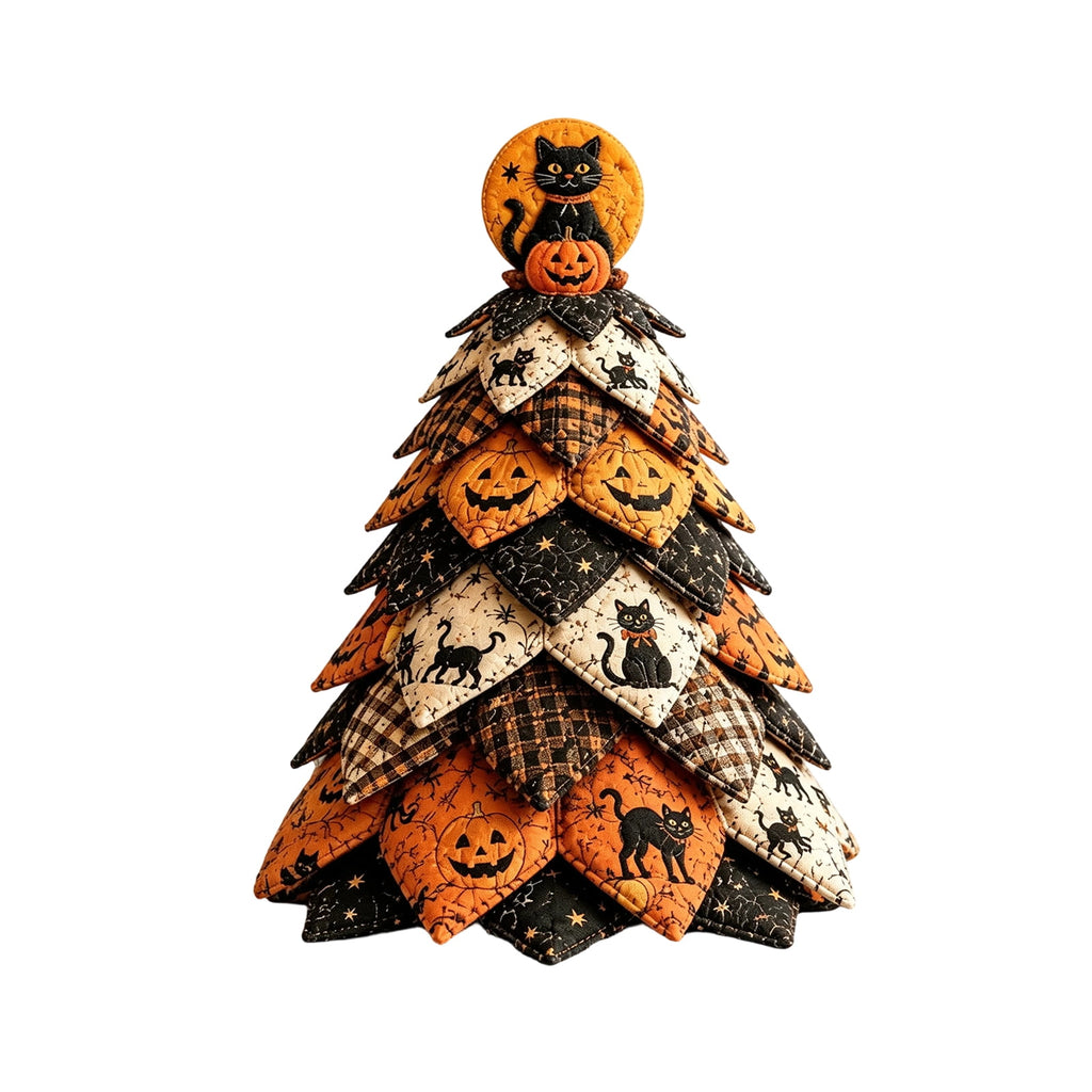 2026 Moonlit Black Cat DIY Halloween Quilted Fabric Tree Kit - Patchwork Fabric Halloween Tabletop Tree, Autumn Mantel Ornament for Adult Rustic Farmhouse Seasonal Display