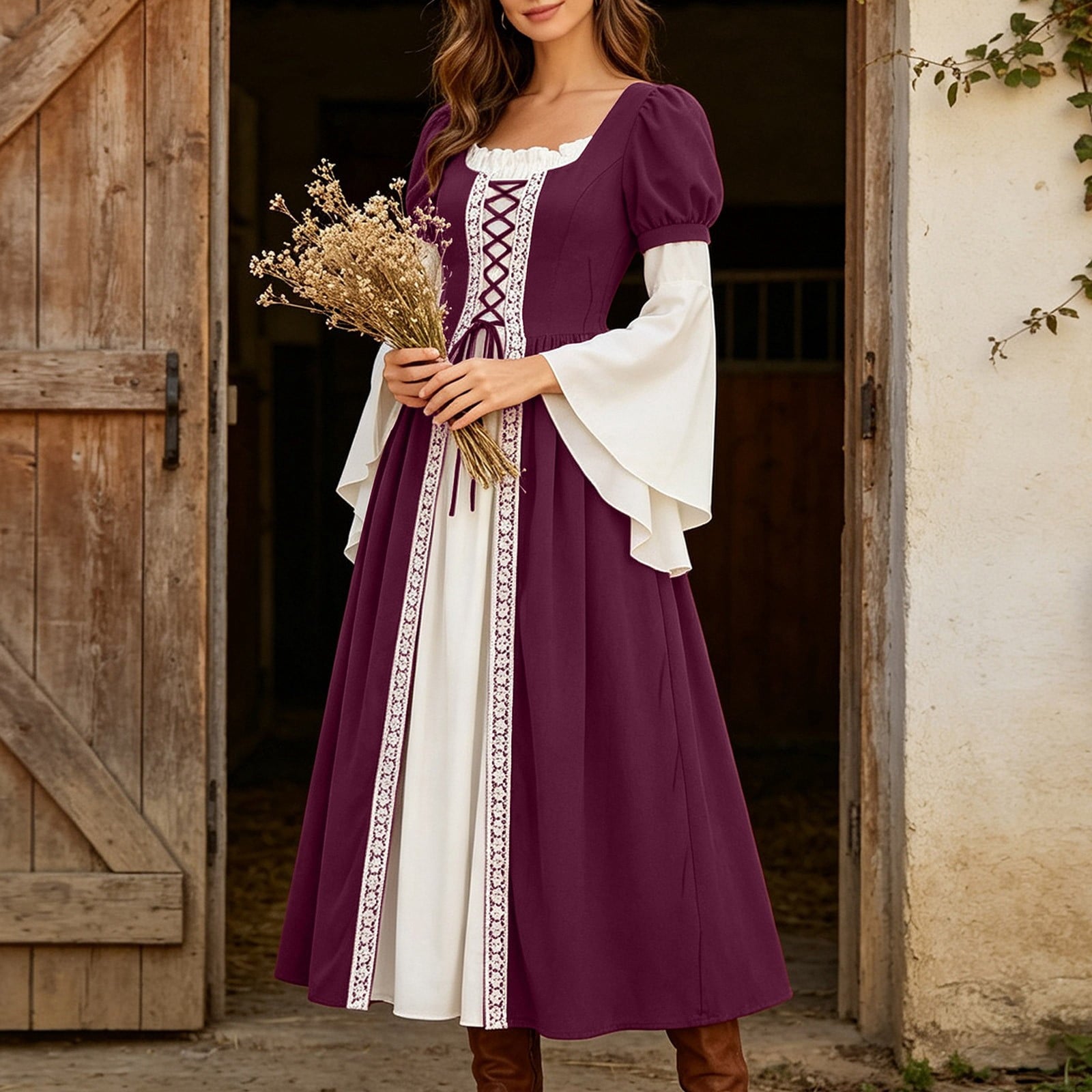 Hurxie Renaissance Costume Women Peasant Medieval Dress Maxi Fairy Dresses with Bell Sleeve Vintage Ren Faire Outfit