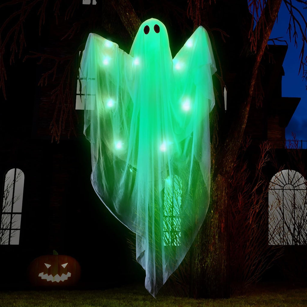 Ayieyill Halloween Ghost Decor with Warm White LED Light, 47” Light up Hanging Ghost Halloween Yard Porch Decorations Outdoor