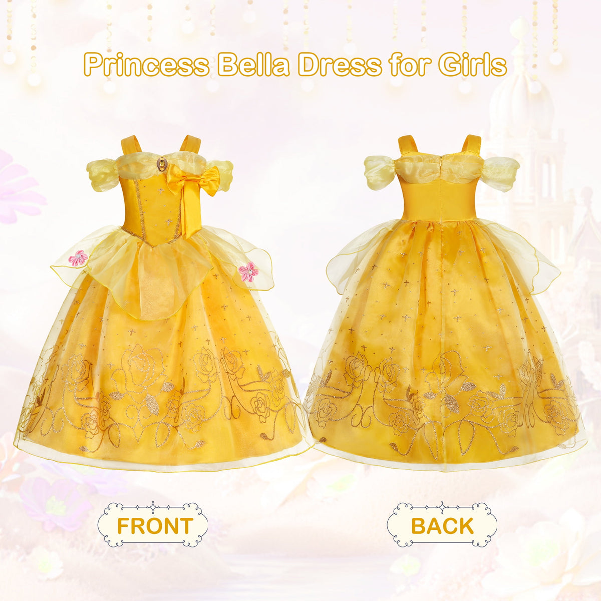 Jurebecia Princess Dress for Girls Costume Kids Off Shoulder Layered Toddler Halloween Cosplay Birthday Party Outfit up Yellow 120 cm 5-6 Years