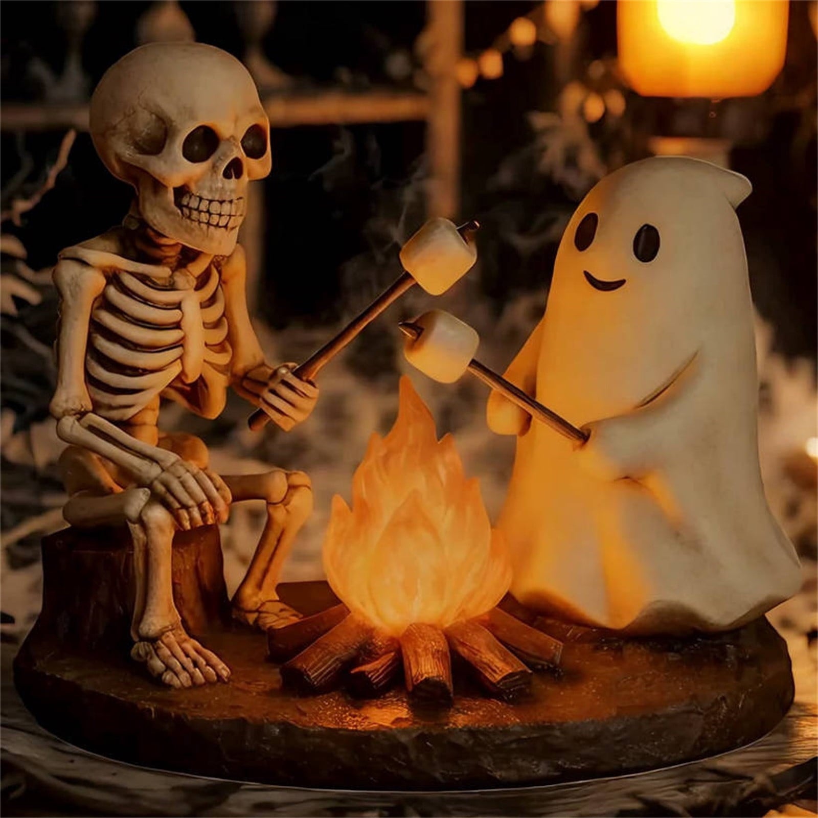 YZEGDCH Halloween 3D Ghost Campfire Flickering Night Light 2 Funny Roasting Marshmallows at Campfire LED Electric Faux Flameless Campfire Nightlight Funny Halloween Decor