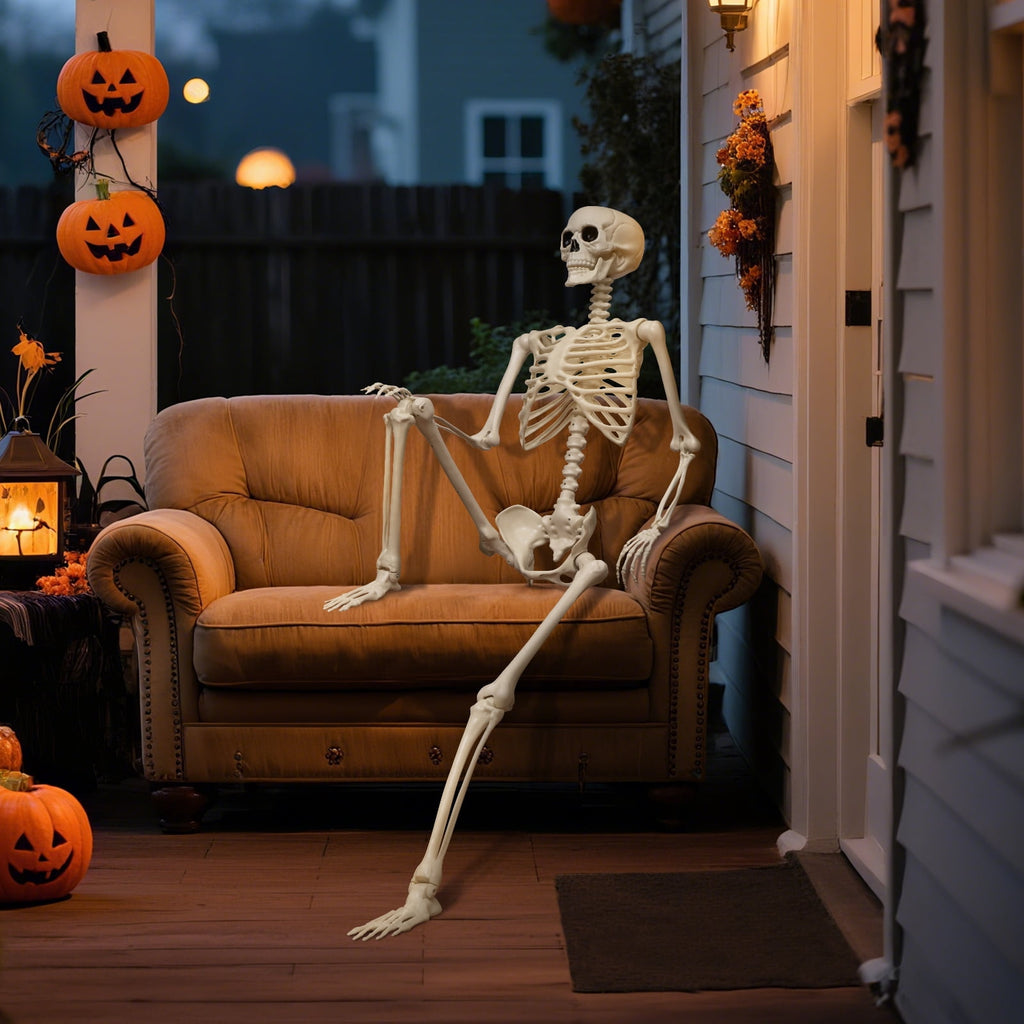 5.4 ft Halloween skeleton decoration, with movable joints, flexible skeleton for poses, scary skeleton suitable for indoor and outdoor Halloween decorations, haunted houses, courtyards, cemeteries.