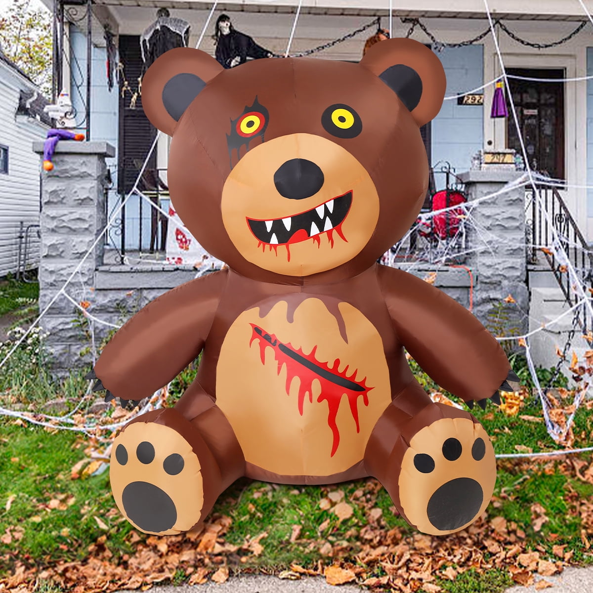 GOOSH Halloween Inflatables 5 FT Teddy Bear Inflatable with Build-in LEDs, Spooky Inflatable Halloween Bear Blow up Teddy Bear, Halloween Blow Up Decorations Clearance for Holiday Garden Lawn