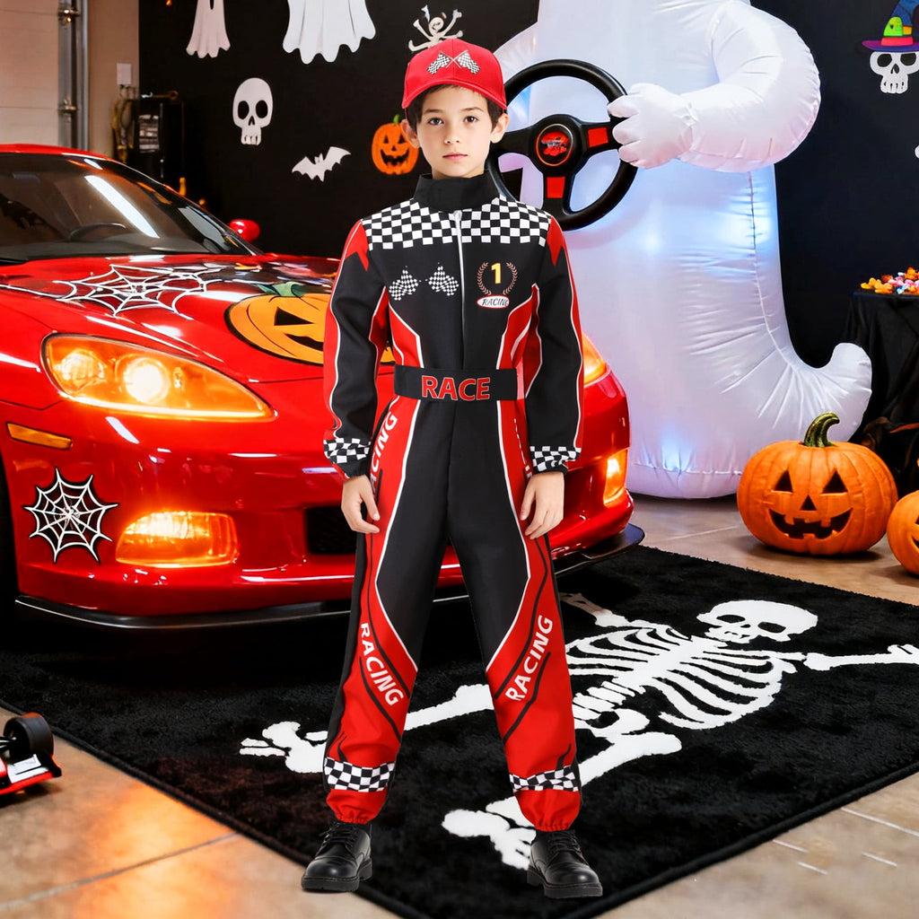 Race Car Driver Costume Boys Kids Racer Jumpsuit Outfits with Car Cap for Halloween Dress Up