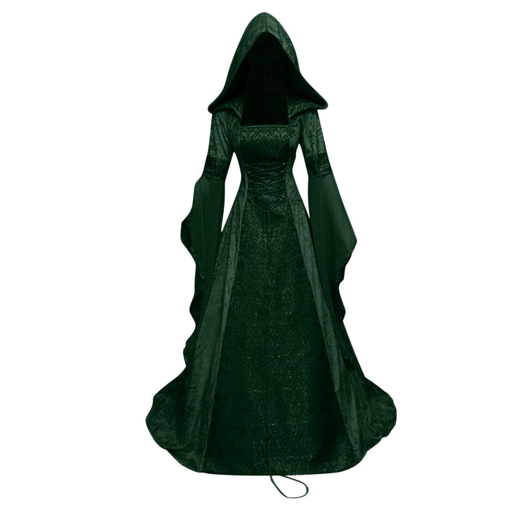 Women Gothic Cold Shoulder Midi Dress, Sheer Flare Bell Sleeve Front Corset Irregular Witch Costume Dress, Adult Halloween Dark Aesthetic Vintage Formal Evening Cosplay Party Outfit(Navy-2/M)