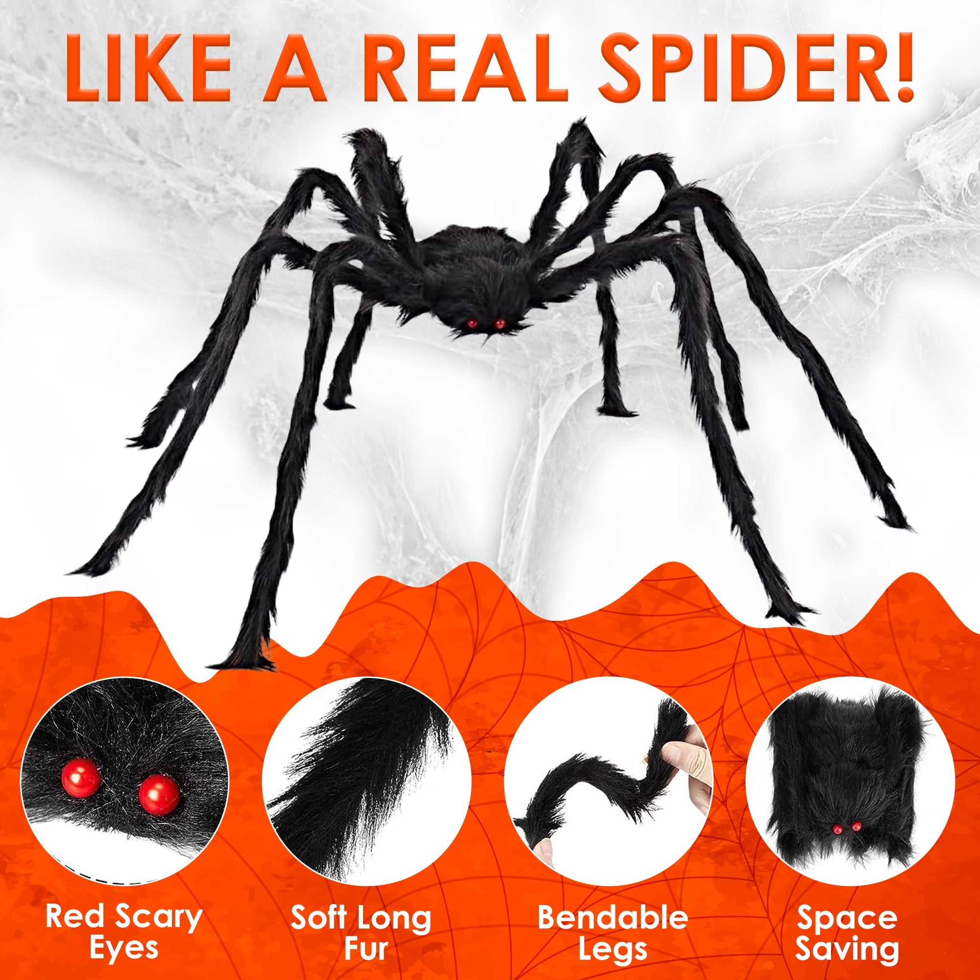 JEEXI Full Set of Halloween Decorations Outdoor 200'' Triangular Spider Web +3 Giant Fake Red Eyes Spiders, Halloween Décor Indoor for Home, Outside Yard Costumes Party Haunted House Garden Lawn