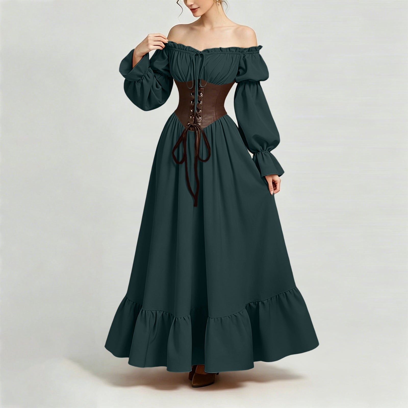QATAINLAV Renaissance Costume Women Vintage Medieval Dress Cold Shoulder Short Sleeve Peasant Pirate Irish Maxi Dresses, Black, L