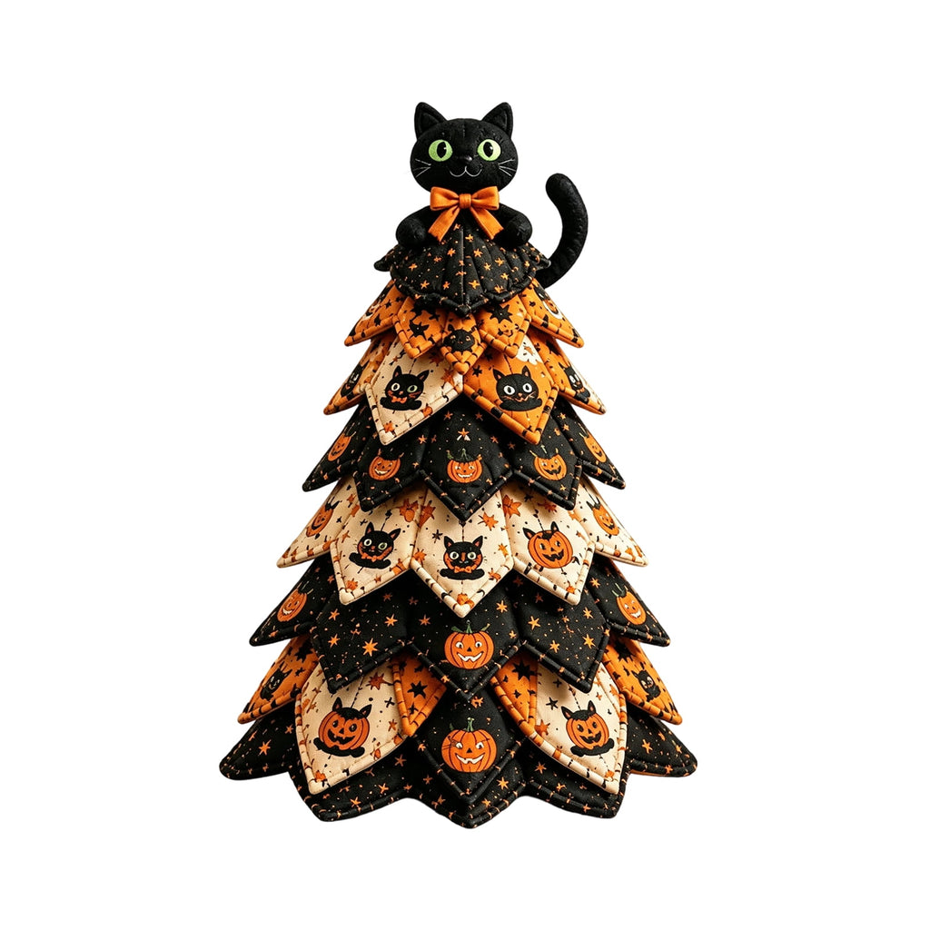 2026 Moonlit Black Cat DIY Halloween Quilted Fabric Tree Kit - Patchwork Fabric Halloween Tabletop Tree, Autumn Mantel Ornament for Adult Rustic Farmhouse Seasonal Display